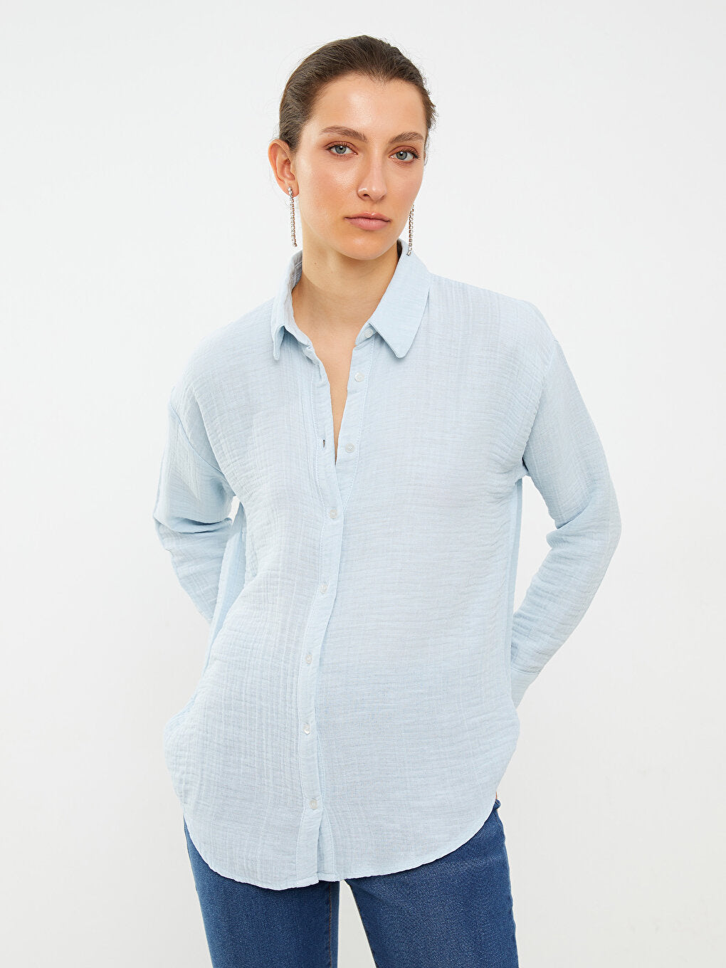 Front Button Closure Plain Long Sleeve Women's Shirt