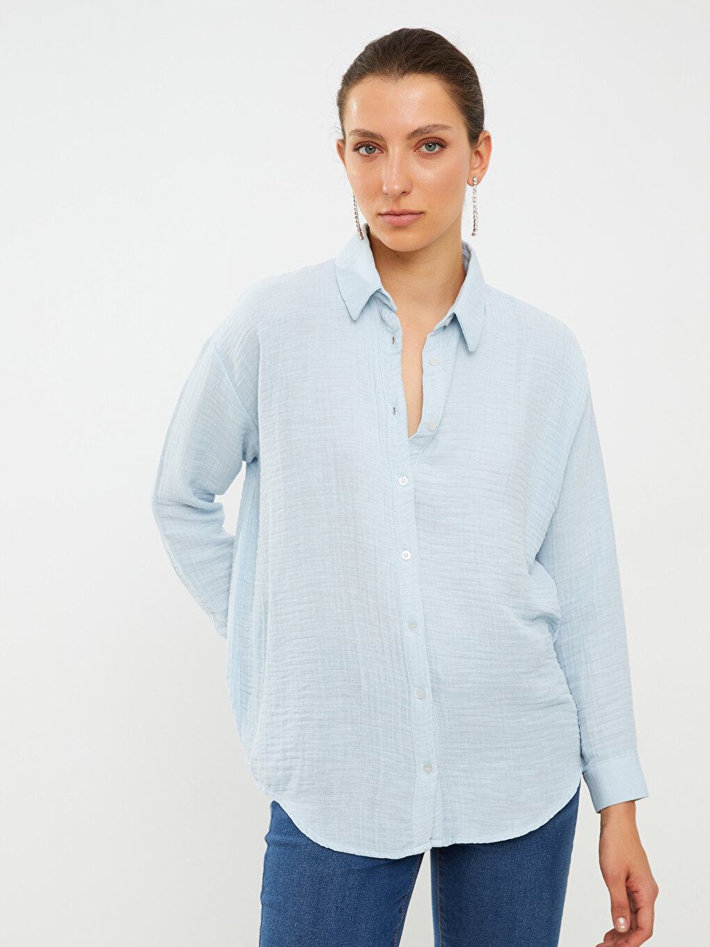 Front Button Closure Plain Long Sleeve Women's Shirt