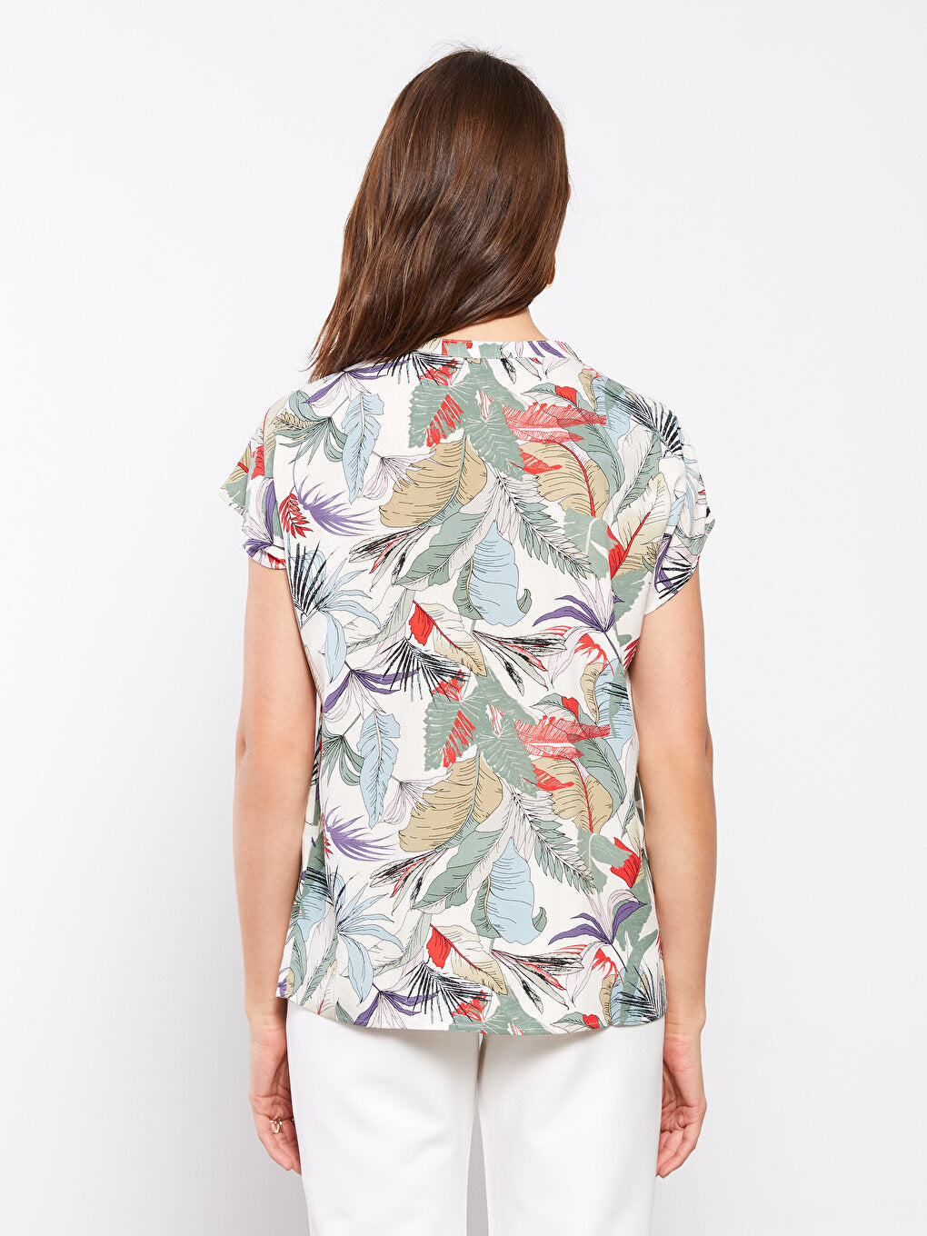 Wacky Collar Patterned Short Sleeve Crepe Women's Blouse