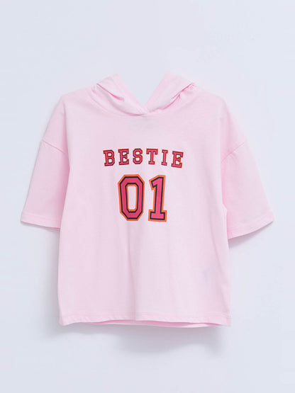 Hooded Printed Short Sleeve Cotton Girls' T-Shirt