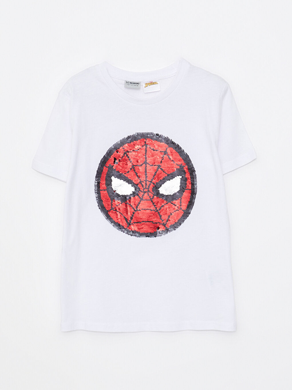 Crew Neck Spiderman Printed Reversible Sequined Short Sleeve Cotton Boys' T-Shirt