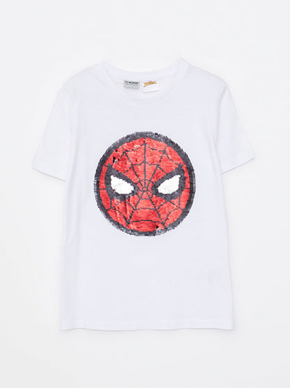 Crew Neck Spiderman Printed Reversible Sequined Short Sleeve Cotton Boys' T-Shirt