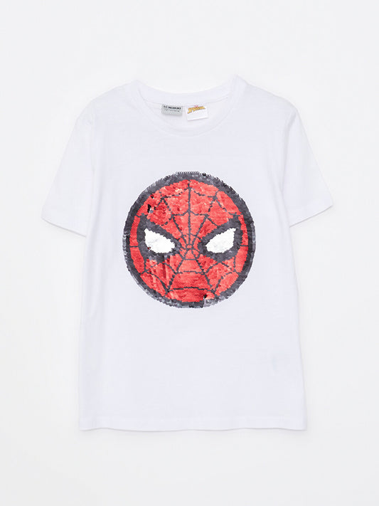 Crew Neck Spiderman Printed Reversible Sequined Short Sleeve Cotton Boys' T-Shirt