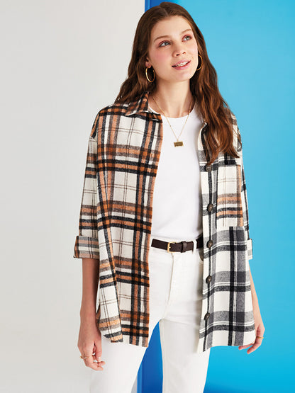 Front Button Closure Plaid Long Sleeve Gabardine Women's Shirt