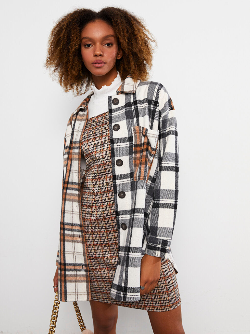 Front Button Closure Plaid Long Sleeve Gabardine Women's Shirt