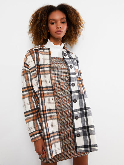 Front Button Closure Plaid Long Sleeve Gabardine Women's Shirt