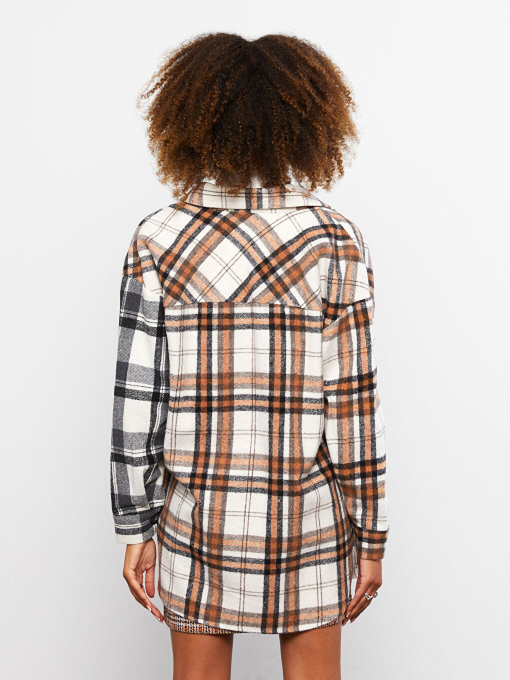 Front Button Closure Plaid Long Sleeve Gabardine Women's Shirt