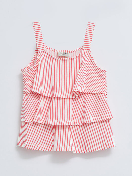 U-Neck Striped Ruffle Detailed Cotton Girl's Blouse