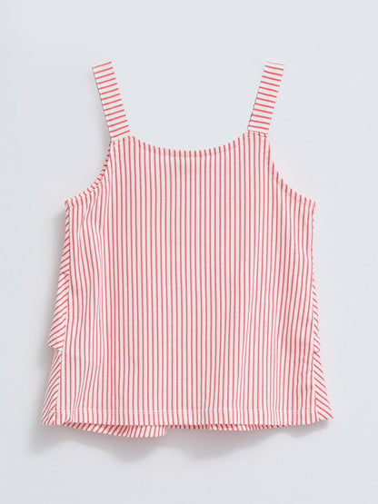 U-Neck Striped Ruffle Detailed Cotton Girl's Blouse