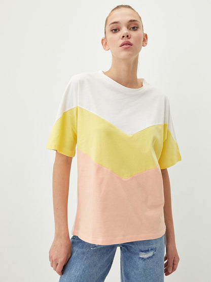 Crew Neck Color Blocked Short Sleeve Cotton Women's T-Shirt