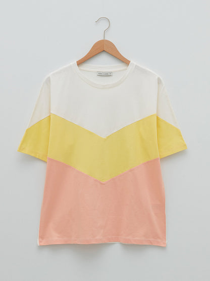 Crew Neck Color Blocked Short Sleeve Cotton Women's T-Shirt