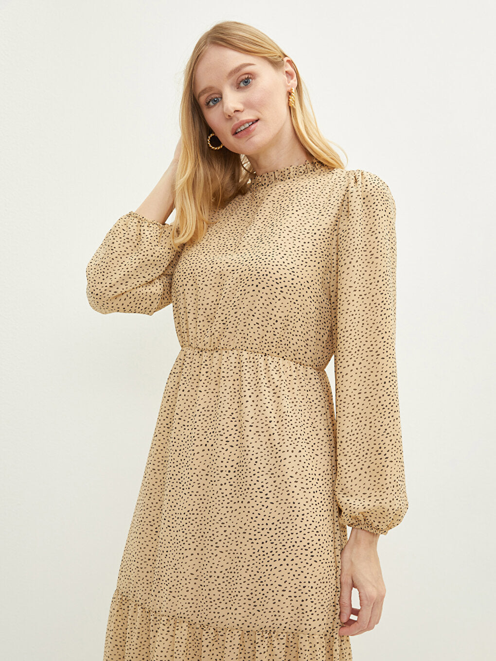 Ruffled High Collar Patterned Long Sleeve Women's Dress