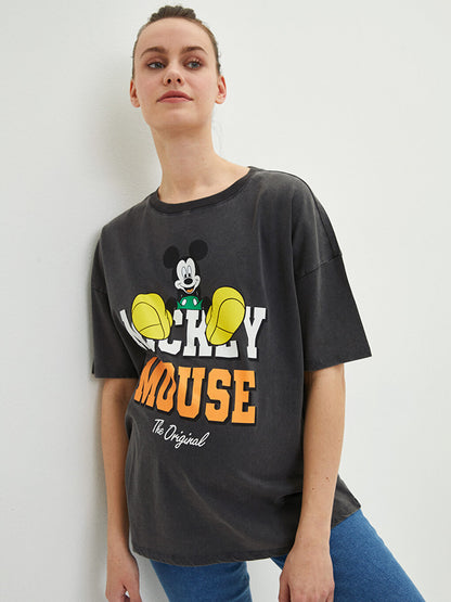 Crew Neck Mickey Mouse Printed Short Sleeve Cotton Maternity T-Shirt