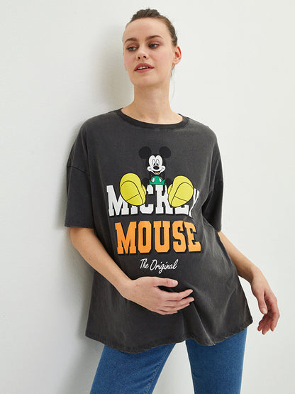 Crew Neck Mickey Mouse Printed Short Sleeve Cotton Maternity T-Shirt