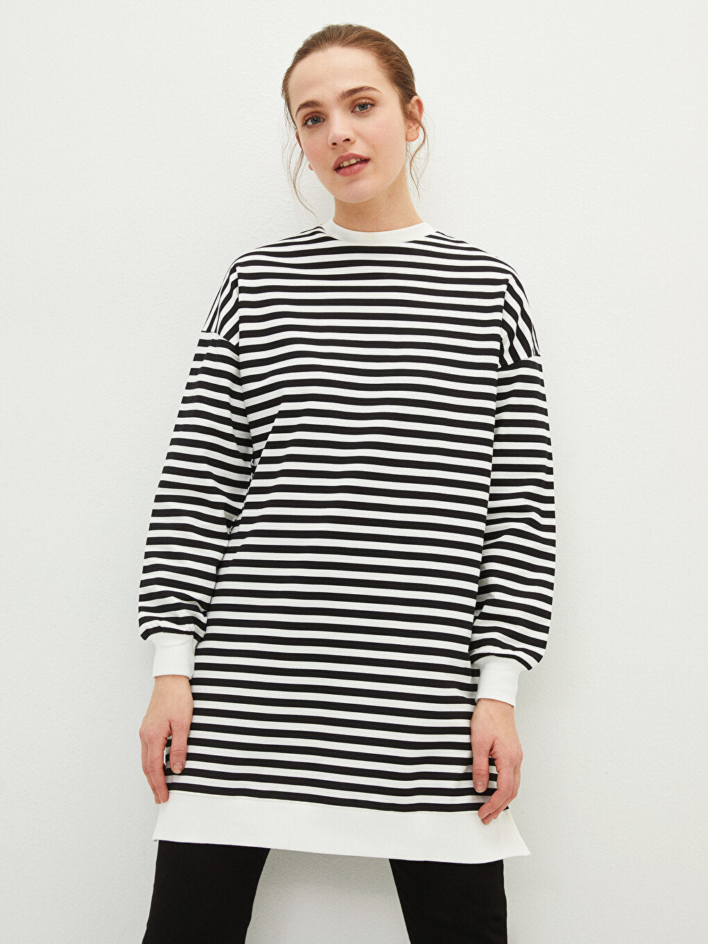 Crew Neck Striped Long Sleeve Oversize Cotton Women's Sweatshirt Tunic