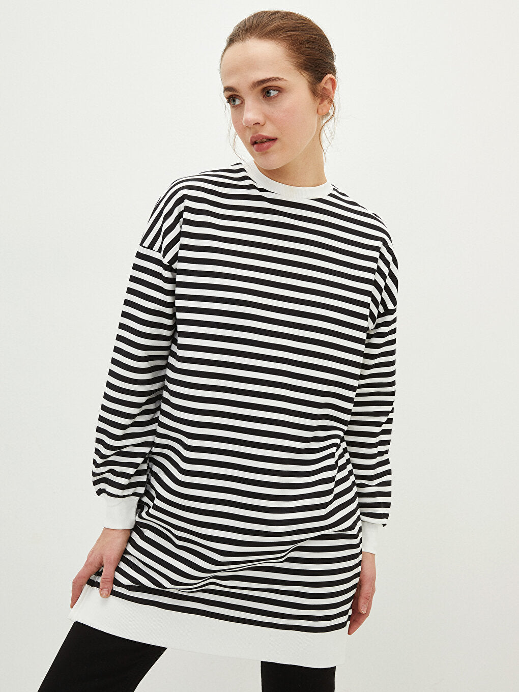 Crew Neck Striped Long Sleeve Oversize Cotton Women's Sweatshirt Tunic