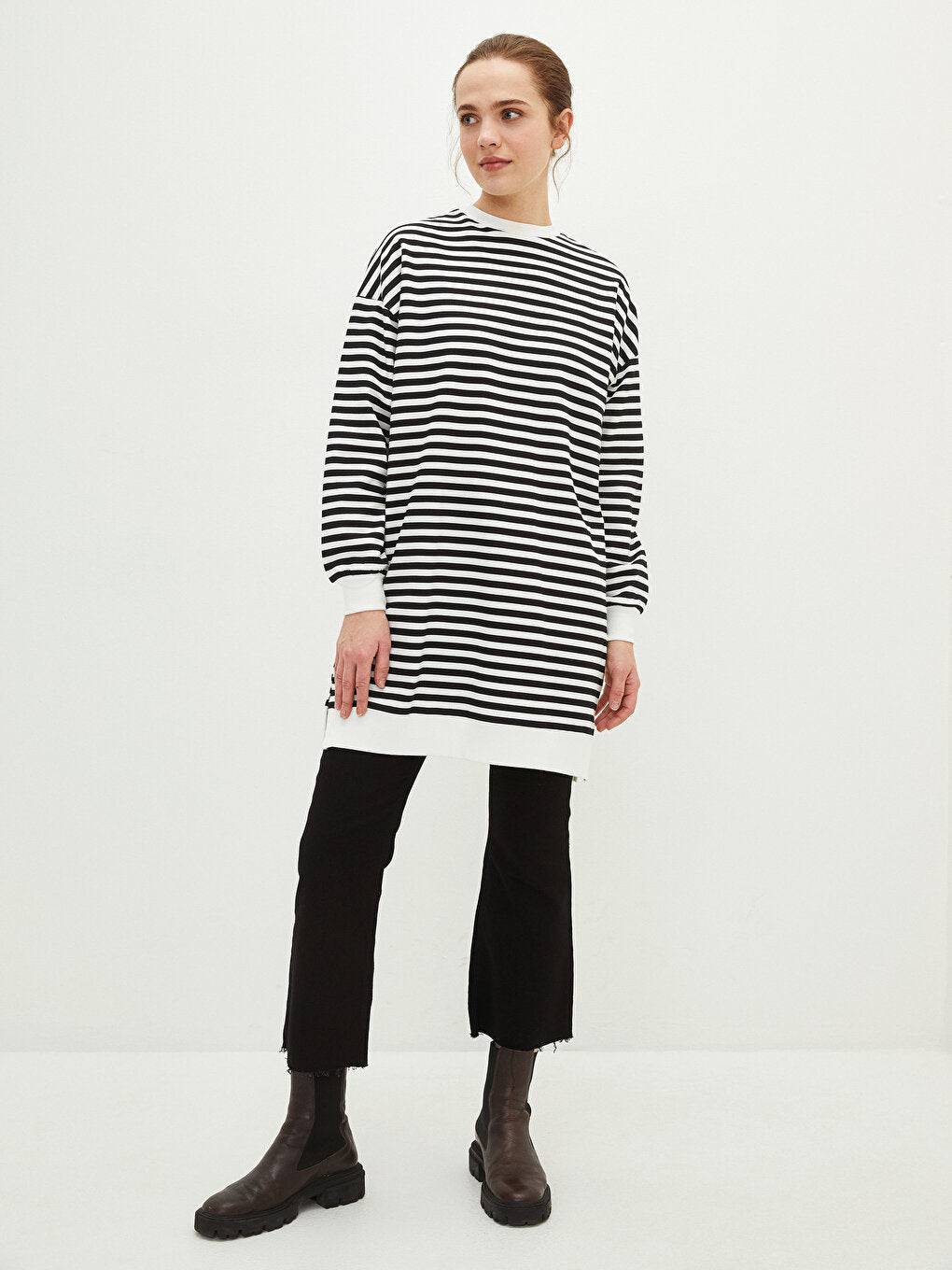 Crew Neck Striped Long Sleeve Oversize Cotton Women's Sweatshirt Tunic