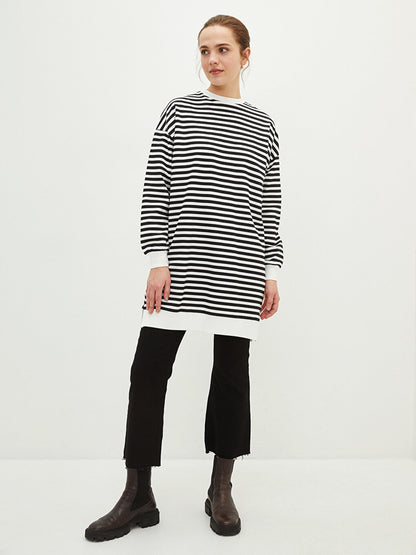 Crew Neck Striped Long Sleeve Oversize Cotton Women's Sweatshirt Tunic