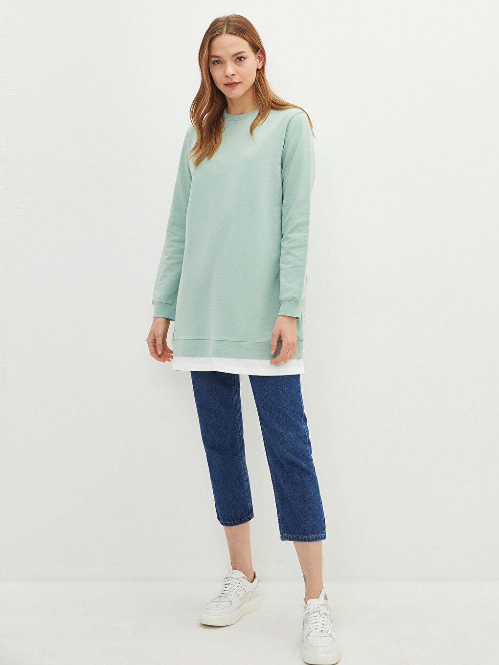 Crew Neck Plain Long Sleeve Oversize Women's Sweatshirt Tunic