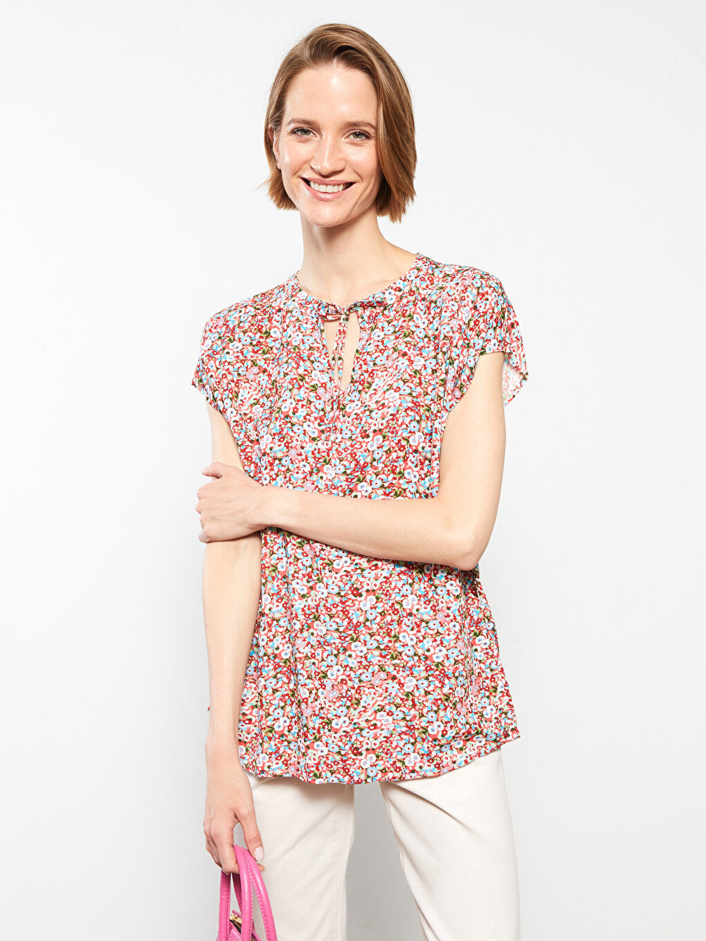 Tie Collar Patterned Short Sleeve Viscose Women's Blouse