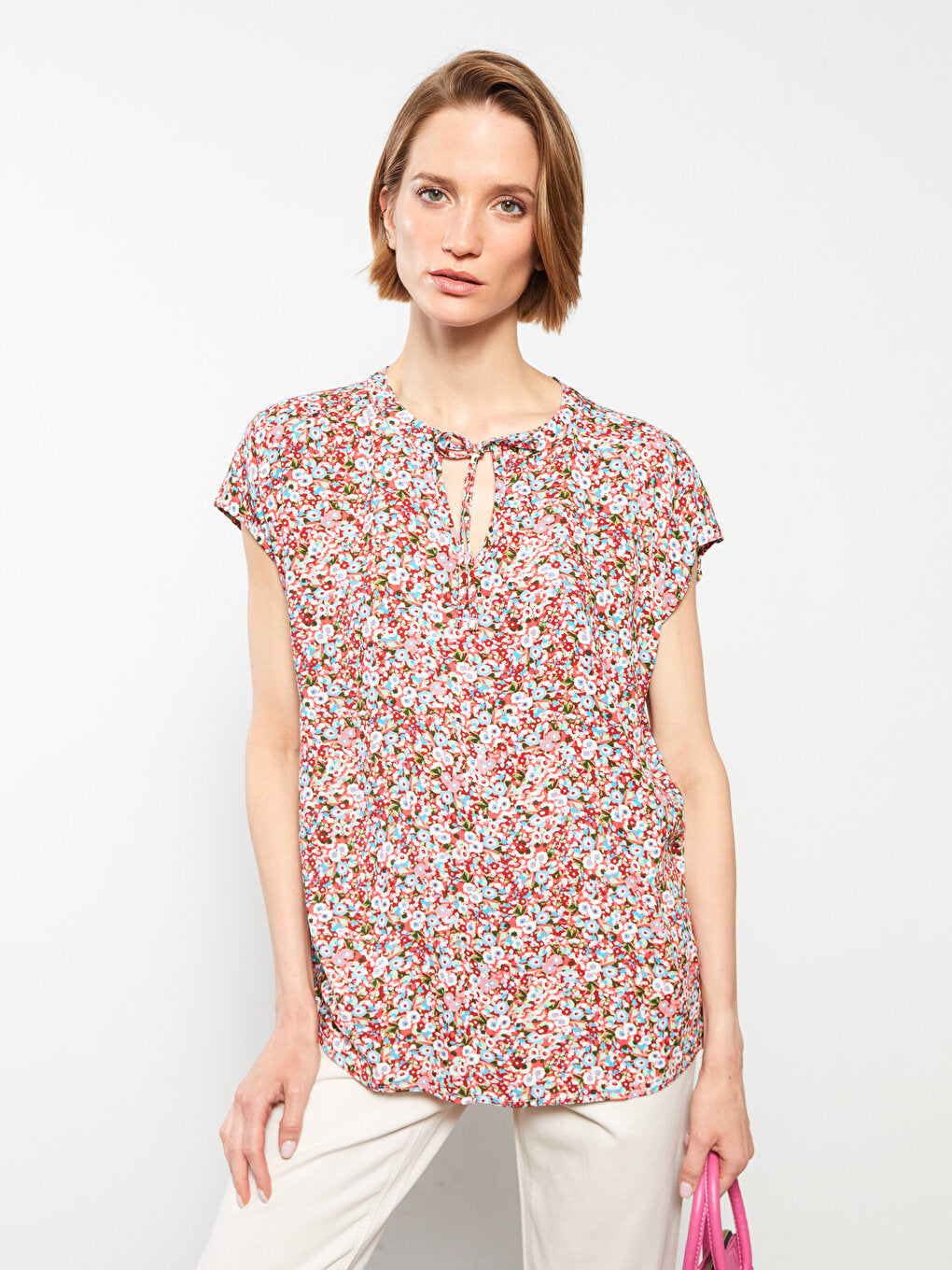 Tie Collar Patterned Short Sleeve Viscose Women's Blouse