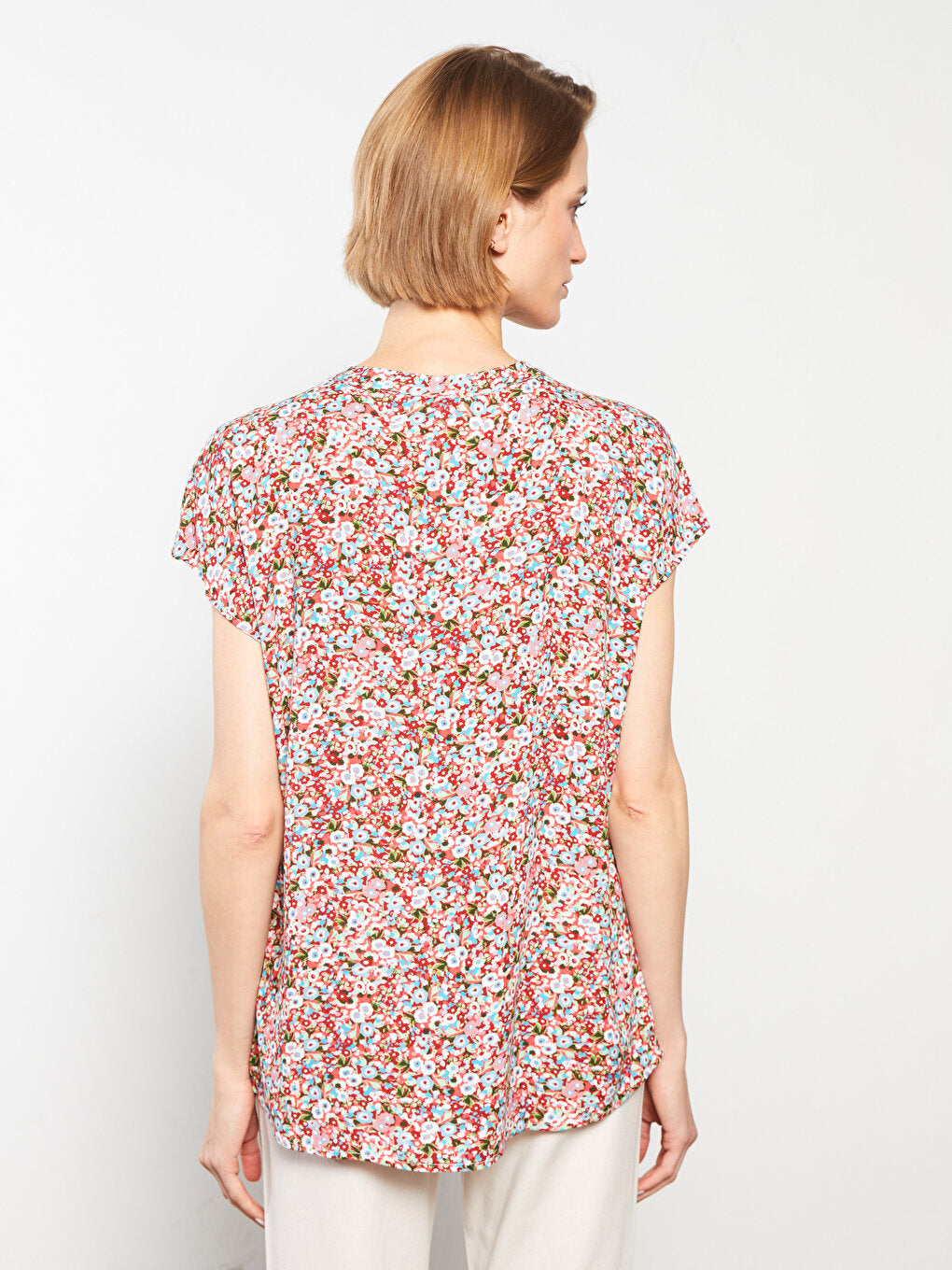 Tie Collar Patterned Short Sleeve Viscose Women's Blouse