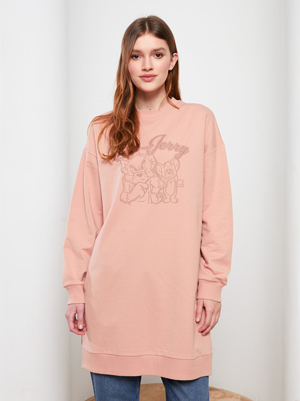 Crew Neck Tom and Jerry Printed Long Sleeve Oversize Women's Sweatshirt Tunic