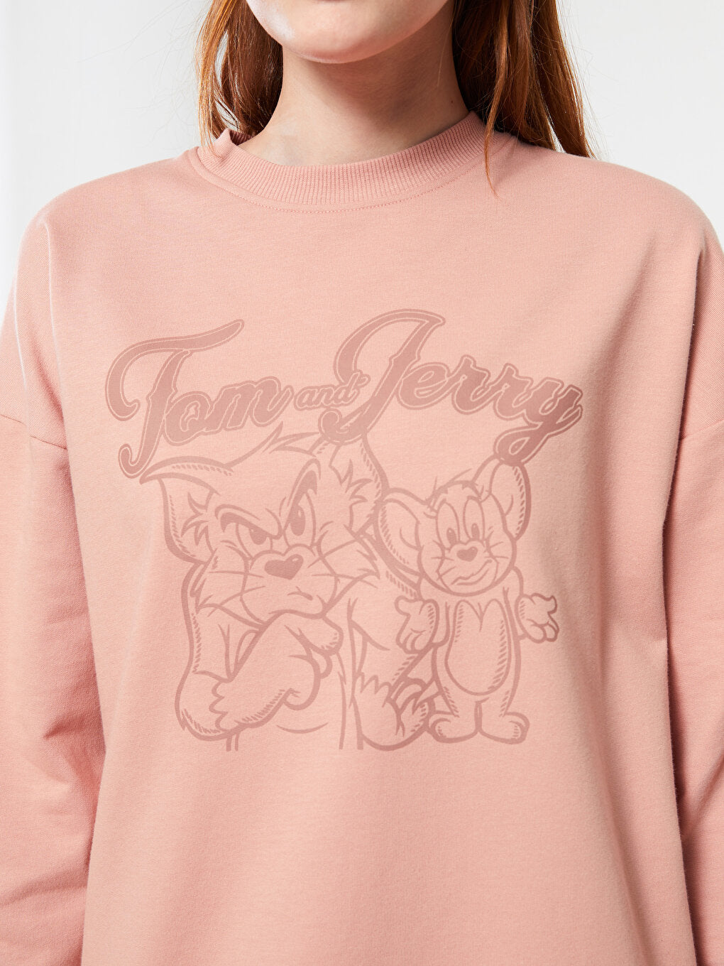 Crew Neck Tom and Jerry Printed Long Sleeve Oversize Women's Sweatshirt Tunic