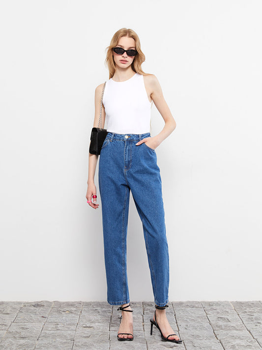 High Waist Straight Fit Women's Rodeo Jean Trousers with Pocket Detail