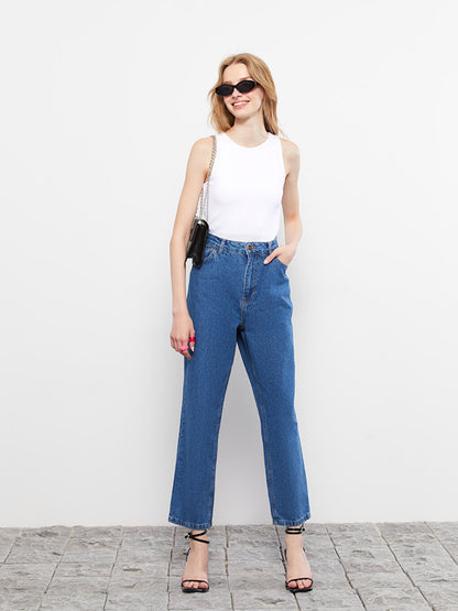 High Waist Straight Fit Women's Rodeo Jean Trousers with Pocket Detail