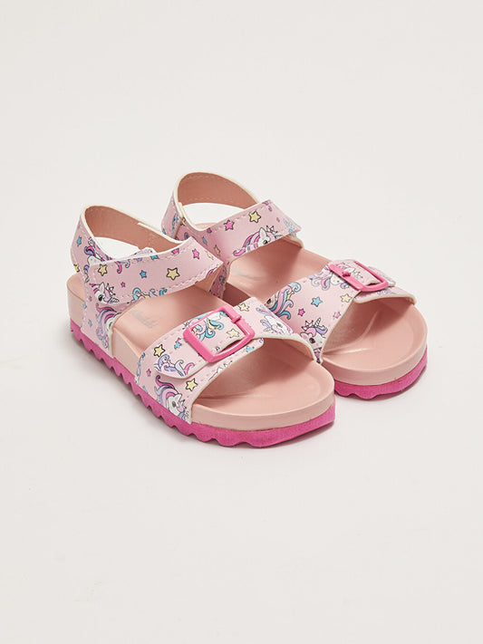 Single-Strap Printed Buckle Detailed Girls' Sandals