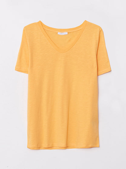 V-Neck Plain Short Sleeve Women's Cotton T-Shirt