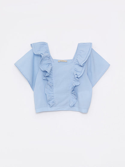 Square Neck Basic Short Sleeve Poplin Girl's Blouse