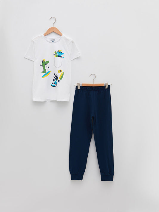 Crew Neck Printed Short Sleeve Boys Pajama Set