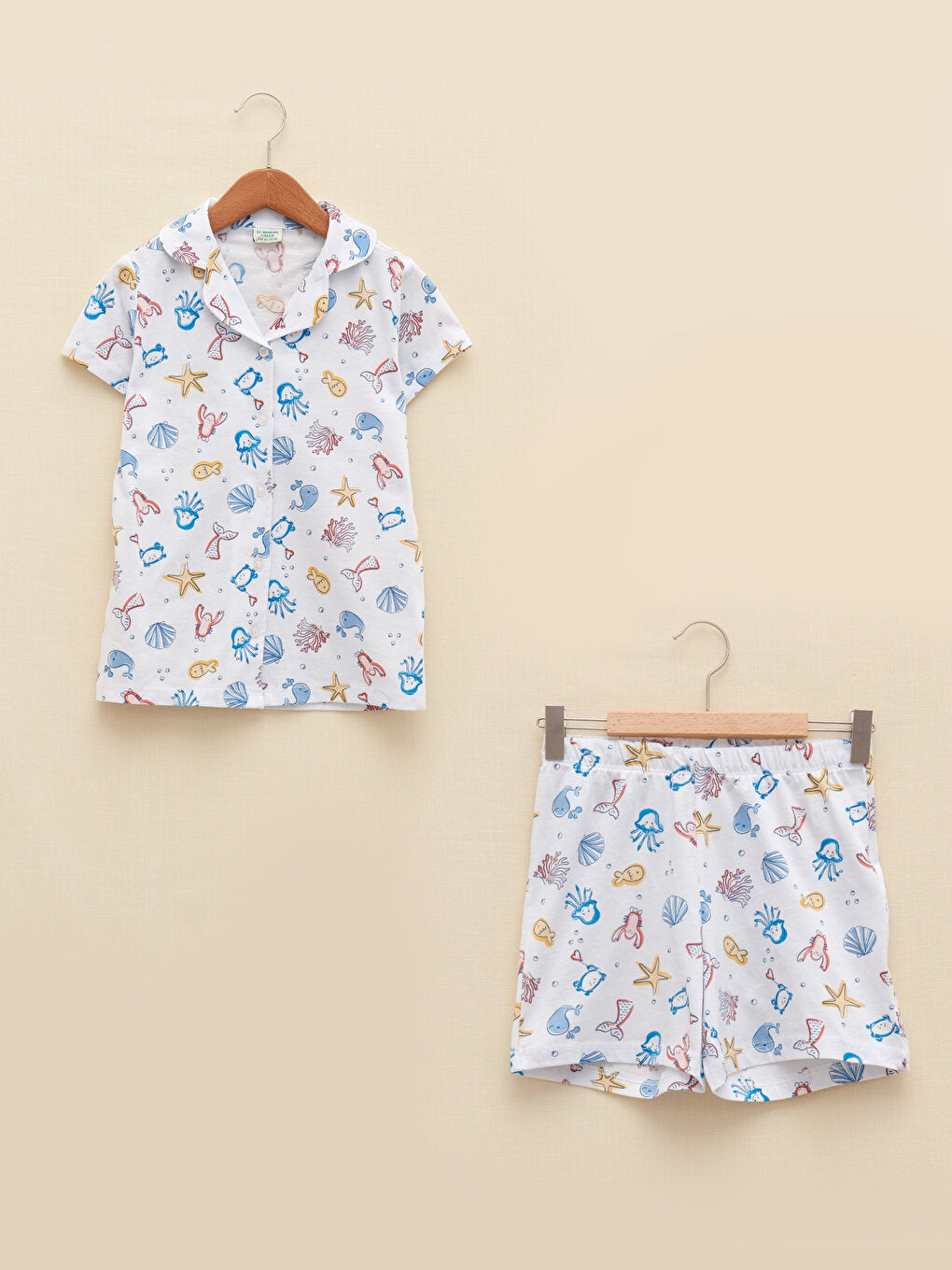 Shirt Collar Printed Short Sleeve Organic Cotton Girls Pajama Set with Shorts