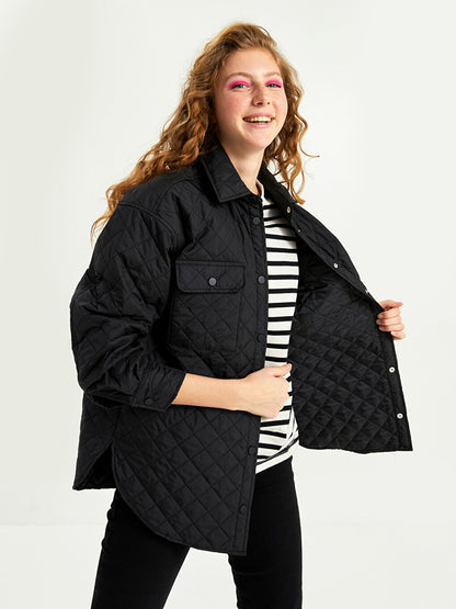 Shirt Collar Quilted Patterned Long Sleeve Women's Coat