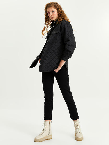 Shirt Collar Quilted Patterned Long Sleeve Women's Coat