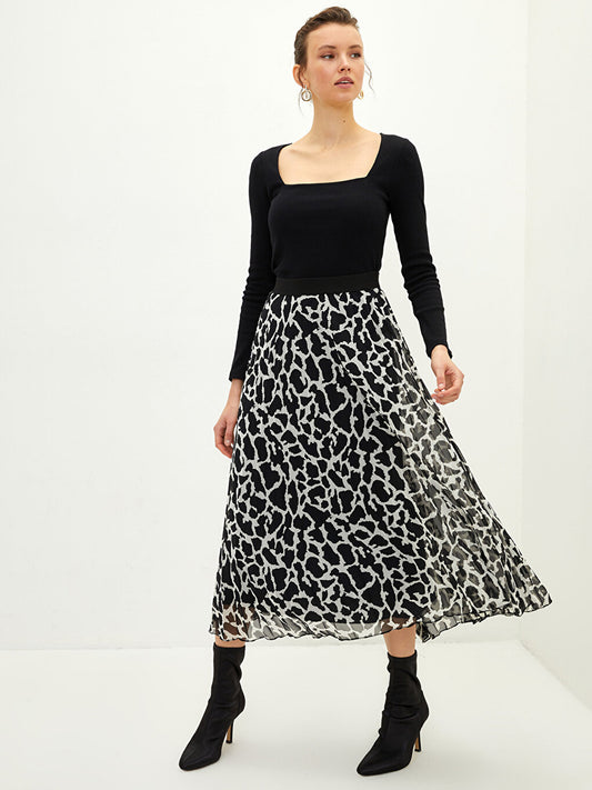 Patterned Chiffon Women's Pleated Skirt with Elastic Waist