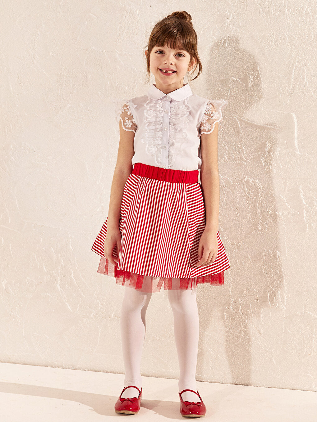 Striped Poplin Girls Skirt with Elastic Waist