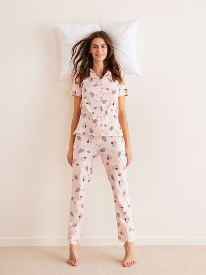 Shirt Collar Printed Short Sleeve Cotton Women's Pajama Set