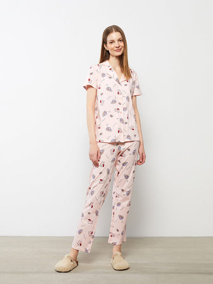 Shirt Collar Printed Short Sleeve Cotton Women's Pajama Set