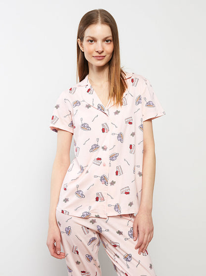 Shirt Collar Printed Short Sleeve Cotton Women's Pajama Set