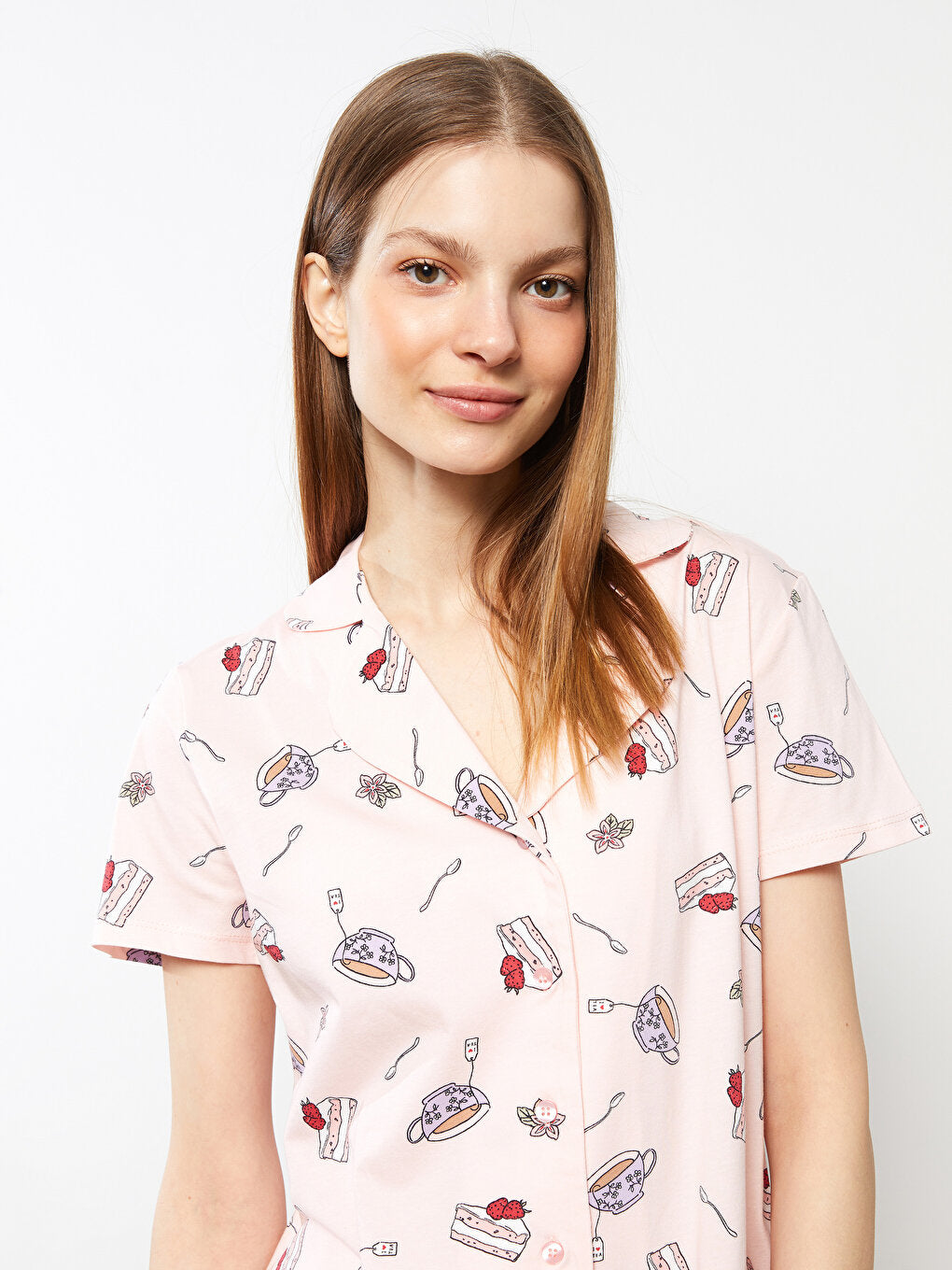 Shirt Collar Printed Short Sleeve Cotton Women's Pajama Set