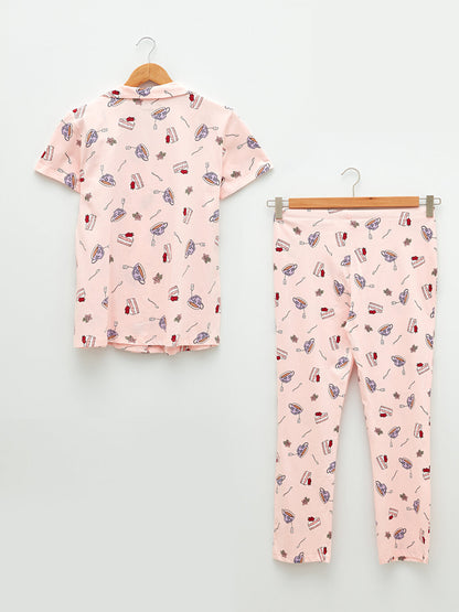 Shirt Collar Printed Short Sleeve Cotton Women's Pajama Set