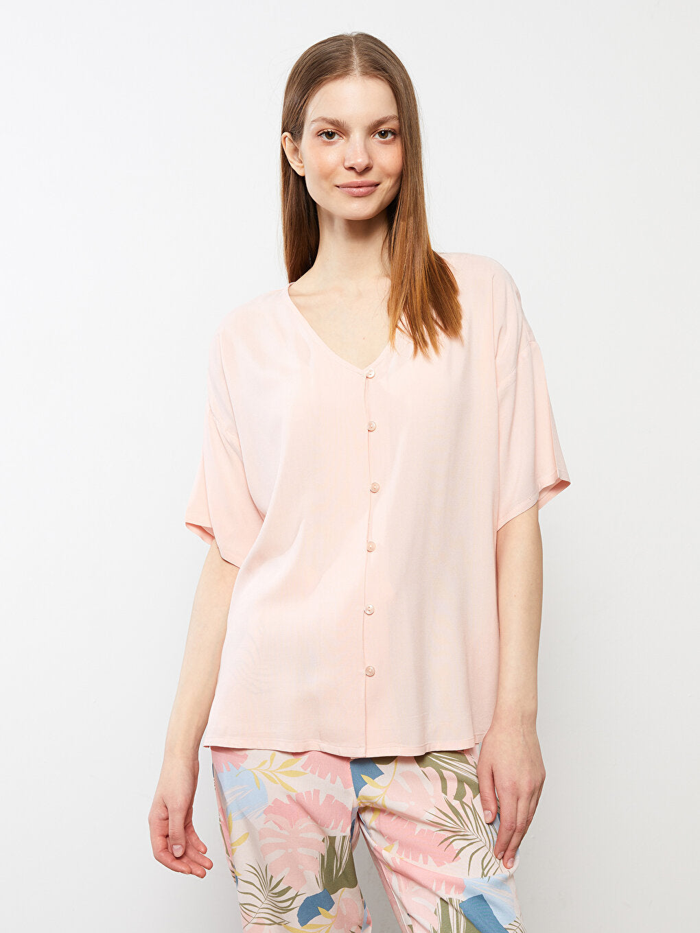 V-Neck Patterned Short Sleeve Viscose Women's Pajama Set