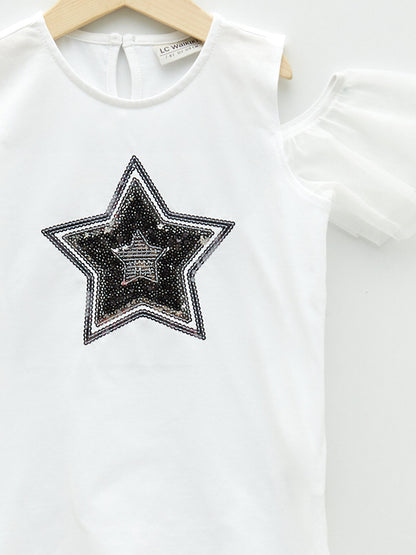 Crew Neck Sequin Embroidered Short Sleeve Girls' T-Shirt