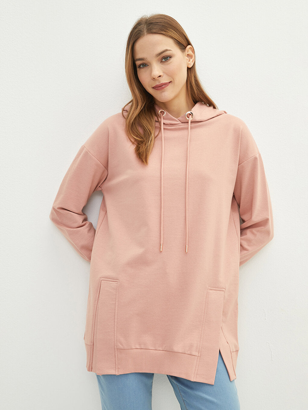 Hooded Plain Long Sleeve Women's Sweatshirt Tunic