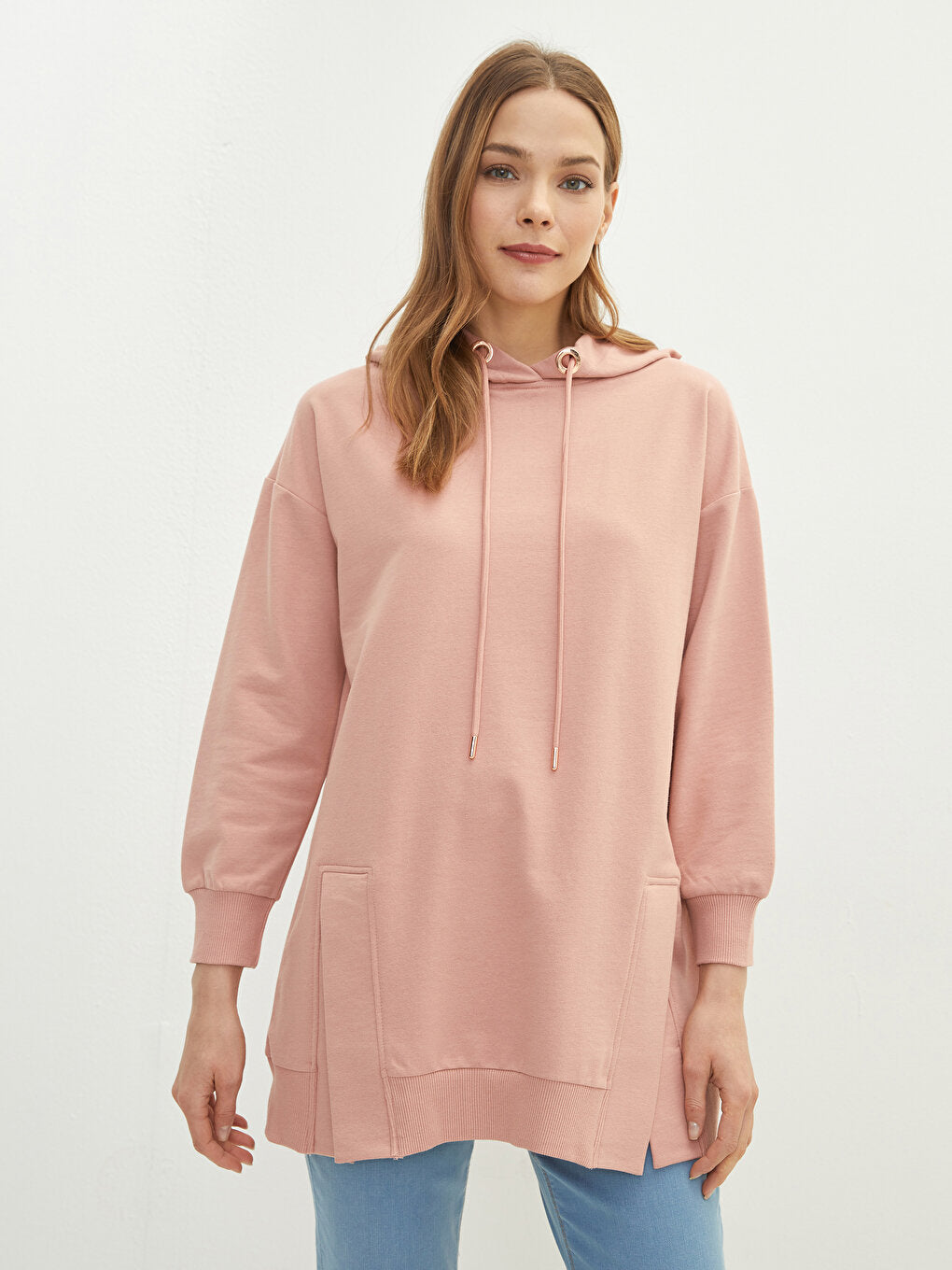 Hooded Plain Long Sleeve Women's Sweatshirt Tunic