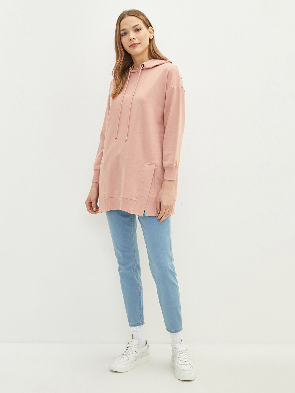 Hooded Plain Long Sleeve Women's Sweatshirt Tunic