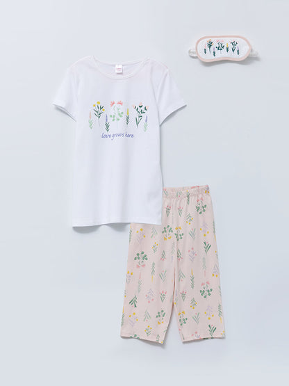 Crew Neck Printed Short Sleeve Girl's Pajama Set and Sleeping Mask